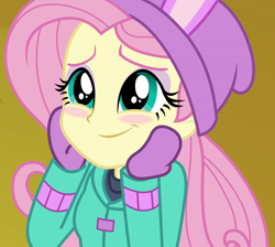 Size: 1208x1080 | Tagged: safe, screencap, fluttershy, equestria girls, equestria girls series, holidays unwrapped, spoiler:eqg series (season 2), clothes, cropped, cute, fluttershy's winter hat, hat, mittens, shyabetes, solo, winter outfit