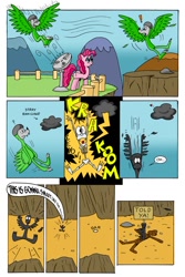 Size: 730x1095 | Tagged: safe, artist:cartoon-eric, derpibooru import, pinkie pie, oc, oc:fred wolfbane, earth pony, pony, comic:pink. it's what's for dinner, bird costume, canyon, comic, dark cloud, falling, fan, hole, impact silhouette, lightning, roasted, sign