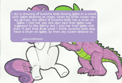 Size: 900x616 | Tagged: safe, artist:ponyconfessions, spike, sweetie belle, dragon, pony, unicorn, female, filly, implied interspecies, implied kissing, male, shipping, spikebelle, straight