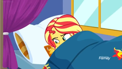 Size: 1366x768 | Tagged: safe, screencap, better together, equestria girls, sunset's backstage pass!, bed, curtain, discovery family logo, phone, pillow, sleeping, tired, window