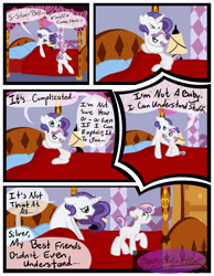 Size: 3500x4500 | Tagged: safe, artist:becauseimpink, silver bell, sweetie belle, pony, unicorn, comic:transition, bed, colt, comic, dialogue, eyes closed, female, male, pillow, rule 63, sad, stallion, transgender