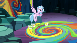 Size: 2100x1179 | Tagged: safe, screencap, silverstream, classical hippogriff, hippogriff, uprooted, bucket, cave, cave of harmony, female, flying, paint, paint bucket, solo