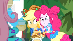 Size: 1366x768 | Tagged: safe, screencap, applejack, fluttershy, pinkie pie, better together, equestria girls, sunset's backstage pass!, discovery family logo, food, pancakes