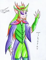 Size: 1024x1327 | Tagged: safe, artist:the1king, thorax, changedling, changeling, human, armor, bracer, crown, horn, horned humanization, humanized, jewelry, king thorax, pointed ears, regalia, solo