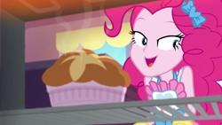 Size: 1920x1080 | Tagged: safe, screencap, pinkie pie, better together, equestria girls, holidays unwrapped, apron, baking, clothes, female, oven, ramekin, solo, souffle