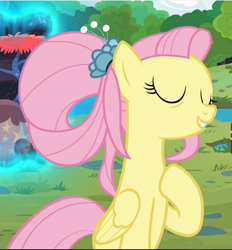 Size: 876x942 | Tagged: safe, screencap, fluttershy, pegasus, pony, the last problem, cropped, cute, eyes closed, female, hoof on chest, mare, older, older fluttershy, portal, raised hoof, shyabetes, smiling, solo, standing up
