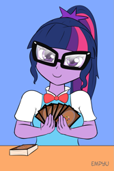 Size: 667x1000 | Tagged: safe, artist:empyu, sci-twi, twilight sparkle, human, equestria girls, 45 minute art challenge, card, card game, deck of cards, female, glasses, looking at you, magic the gathering, solo