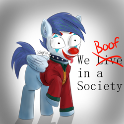 Size: 1200x1200 | Tagged: safe, artist:kalashnikitty, oc, oc only, oc:slipstream, boofy, boofy is a good boy, collar, crazy face, faic, makeup, male, solo, spiked collar, stallion, text, the joker, we live in a society