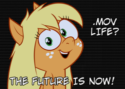 Size: 1280x917 | Tagged: safe, artist:hotdiggedydemon, edit, applejack, earth pony, pony, my little pony: pony life, .mov, aaaaaaaaaa, apple.mov, bust, female, hatless, head tilt, jappleack, looking at you, mare, missing accessory, open mouth, portrait, smiling, solo