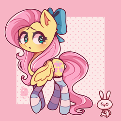 Size: 1100x1100 | Tagged: safe, artist:funkychickenamy, angel bunny, fluttershy, pegasus, pony, rabbit, abstract background, animal, blushing, bow, clothes, cute, cutie mark, ear fluff, female, hair bow, heart eyes, looking sideways, mare, one wing out, open mouth, pink background, polka dots, shyabetes, simple background, socks, solo, striped socks, three quarter view, wingding eyes, wings