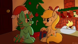 Size: 1024x576 | Tagged: safe, artist:exobass, oc, oc only, oc:muse script, oc:peacock studios, earth pony, pony, unicorn, chimney, christmas, christmas tree, fireplace, hat, holiday, present, santa hat, secret santa, tree