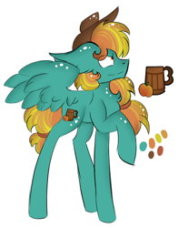 Size: 642x818 | Tagged: safe, artist:hunterthewastelander, oc, oc only, pegasus, pony, alcohol, beer, female, hat, magical lesbian spawn, mare, offspring, parent:applejack, parent:rainbow dash, parents:appledash, pegasus oc, raised hoof, reference sheet, solo, wings