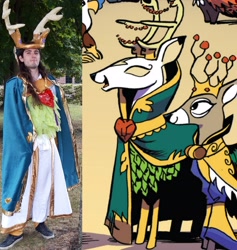 Size: 3648x3856 | Tagged: safe, artist:andypriceart, artist:crainn, idw, king aspen, deer, human, spoiler:comic, spoiler:comic61, antlers, clothes, comic, comparison, cosplay, costume, cropped, dress, galacon, galacon 2019, humanized, irl, irl human, photo, solo