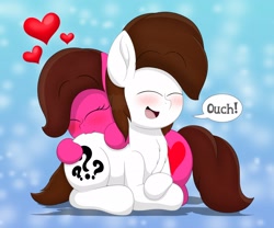 Size: 2048x1707 | Tagged: safe, artist:aarondrawsarts, oc, oc:brain teaser, oc:rose bloom, earth pony, pony, biting, blushing, brainbloom, butt, butt bite, chest fluff, cute, dialogue, female, literal butthurt, male, oc x oc, ouch, pain, shipping, straight