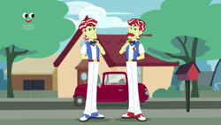 Size: 1920x1080 | Tagged: safe, screencap, flam, flim, better together, equestria girls, holidays unwrapped, car, flim flam brothers, handsome, plusplus