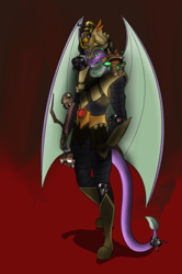 Size: 332x499 | Tagged: safe, artist:lullabyjak, spike, anthro, digitigrade anthro, dragon, clothes, male, oddworld: stranger's wrath, solo, winged spike