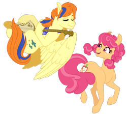 Size: 1021x915 | Tagged: safe, artist:whalepornoz, tex, oc, oc:rosie, earth pony, pegasus, pony, g1, bandana, banjo, braid, eyes closed, flying, freckles, g1 to g4, generation leap, musical instrument, offspring, parent:apple bloom, parent:cherry jubilee, parent:tender taps, parents:tenderbloom, simple background, transparent background