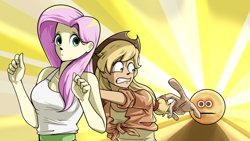 Size: 5120x2880 | Tagged: safe, artist:chopchopguy, applejack, fluttershy, equestria girls, cursed emoji, cursed image, emoji, hand, it's coming right at us, running, vibe check, wat