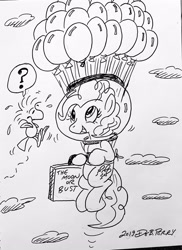 Size: 2717x3735 | Tagged: safe, artist:debmervin, pinkie pie, pony, balloon, crossover, floating, monochrome, peanuts (comic), solo, suitcase, then watch her balloons lift her up to the sky, traditional art, woodstock (peanuts)