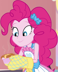 Size: 832x1030 | Tagged: safe, screencap, pinkie pie, equestria girls, equestria girls series, holidays unwrapped, spoiler:eqg series (season 2), apron, bow, clothes, cropped, female, food, hair bow, kitchen, looking down, oven mitts, ramekin, saving pinkie's pie, skirt, sleeveless, sleeveless shirt, smiling, solo, souffle