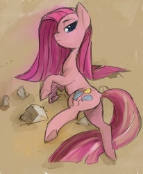 Size: 1266x1539 | Tagged: safe, anonymous artist, pinkie pie, earth pony, pony, female, lying down, mare, on side, pinkamena diane pie, rock, sad, solo, underhoof