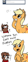 Size: 800x1720 | Tagged: safe, artist:askwinonadog, derpibooru import, applejack, winona, dog, earth pony, pony, ..., ask, ask winona, comic, confused, duo, hat off, hoof hold, implied spayed, question mark, simple background, tumblr, white background