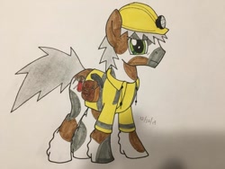 Size: 696x522 | Tagged: safe, artist:carty, oc, oc only, oc:carty, earth pony, pony, clothes, helmet, jacket, solo, tools, traditional art