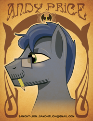 Size: 2550x3300 | Tagged: safe, artist:samoht-lion, earth pony, pony, andy price, beard, bust, facial hair, glasses, male, mouth hold, pencil, ponified, solo, stallion, text