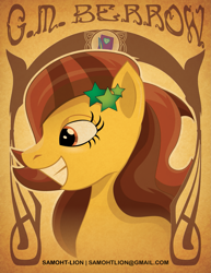 Size: 1275x1650 | Tagged: safe, artist:samoht-lion, pony, bust, female, g.m. berrow, grin, hairclip, mare, ponified, smiling, solo, text