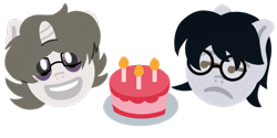 Size: 1000x500 | Tagged: safe, artist:toyminator900, oc, oc only, oc:corvinia, oc:solaria, unicorn, birthday, birthday cake, cake, candle, emoji, food, gift art, glasses, simple background, transparent background