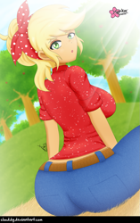 Size: 791x1261 | Tagged: safe, artist:clouddg, applejack, human, better together, equestria girls, five to nine, applebutt, applerack, ass, bandana, breasts, butt, clothes, crepuscular rays, female, looking at you, looking back, looking back at you, open mouth, pants, sexy, sideboob, signature, sitting, solo, thick