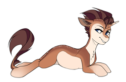 Size: 2352x1536 | Tagged: safe, artist:devi, oc, oc:case, original species, pony, chest fluff, female, leonine tail, looking at you, pale belly, solo