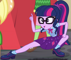 Size: 1002x850 | Tagged: safe, screencap, applejack, cheerilee, sci-twi, twilight sparkle, better together, equestria girls, holidays unwrapped, bowtie, clothes, cropped, cute, geode of telekinesis, glasses, magical geodes, ponytail, shoes, skirt, smiling, socks, the cider louse fools, twiabetes