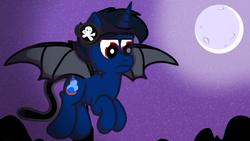 Size: 3840x2160 | Tagged: safe, artist:agkandphotomaker2000, oc, oc:zero, pony, unicorn, bat wings, creature like pony, flying, moon, mountain, night, red eyes, tail, wings