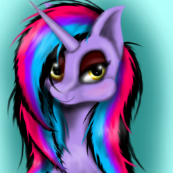 Size: 800x800 | Tagged: safe, artist:auroraswirls, oc, oc only, oc:nebula nova, pony, unicorn, bust, female, gradient background, horn, mare, solo, unicorn oc