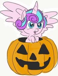 Size: 750x977 | Tagged: safe, artist:drunken bubblez, derpibooru exclusive, princess flurry heart, alicorn, pony, baby, baby pony, boo, colored, cute, female, filly, flat colors, flurrybetes, foal, halloween, holiday, jack-o-lantern, pale color, pumpkin, simple background, soft color, solo, spread wings, tongue out, white background, wings