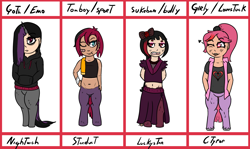 Size: 1826x1089 | Tagged: safe, artist:lazerblues, oc, oc:citypop, oc:luckystar, oc:nightwish, oc:stardust, satyr, bat with nails, belly button, clothes, emo, goth, midriff, offspring, offspring's offspring, parent:oc:bella, parent:oc:strawberry soda, sukeban, tomboy, towel, vest