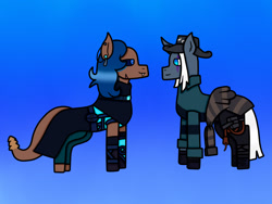 Size: 2048x1536 | Tagged: safe, artist:lightningbolt39, oc, oc only, oc:ember arrow, oc:sidewinder, original species, pony, snake, snake pony, unicorn, armors, bandage, belt, blue background, boots, clothes, clothes swap, colored sclera, ear piercing, earring, fedora, female, fnags, gloves, hat, jewelry, lesbian, looking at each other, mare, oc x oc, pants, piercing, scar, shipping, shirt, shoes, simple background, tattoo, whip