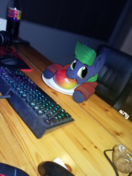 Size: 3456x4608 | Tagged: safe, artist:almond evergrow, oc, oc:fruitcup, bat pony, pony, big eyes, cartoon, computer, desk, food, irl, keyboard, mango, nom, photo, photoshop, plate