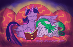 Size: 1280x832 | Tagged: safe, artist:cuppa-ale, twilight sparkle, twilight sparkle (alicorn), oc, alicorn, alien, alien pony, pony, book, comforting, female, magic, mare, monster mare, sofa, watermark, wing blanket