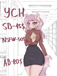 Size: 4000x5322 | Tagged: safe, artist:hierophant_green, anthro, pony, advertisement, auction, book, bookshelf, clothes, commission, cute, female, library, miniskirt, shy, side slit, skirt, solo, sweater, your character here