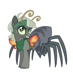 Size: 1198x1200 | Tagged: safe, alternate version, artist:syriskater, oc, oc only, oc:barabi, drider, monster pony, original species, pony, spiderpony, bandana, belt, coat markings, fake wings, female, grin, headband, mare, simple background, smiling, solo, spy, transparent background