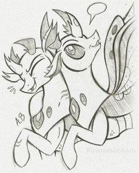 Size: 801x998 | Tagged: safe, artist:rossmaniteanzu, pharynx, thorax, changedling, changeling, black and white, brothers, changedling brothers, duo, grayscale, king thorax, laughing, male, monochrome, pencil drawing, prince pharynx, siblings, sketch, traditional art