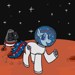 Size: 4096x4096 | Tagged: safe, alternate version, artist:poniidesu, oc, oc only, oc:nasapone, earth pony, pony, /mlp/, absurd resolution, blue eyes, blue mane, crater, ethereal mane, helmet, hoofprints, mars, nasa, solo, space, spaceship, spacesuit, starry mane, stars