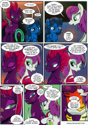 Size: 2480x3508 | Tagged: safe, artist:dsana, fizzlepop berrytwist, tempest shadow, oc, oc:lullaby dusk, oc:thistledown, earth pony, pegasus, pony, unicorn, comic:a storm's lullaby, blushing, broken horn, canon x oc, character development, comic, female, filly, heterochromia, horn, lesbian, mare, scar, tsundere, tsundere shadow