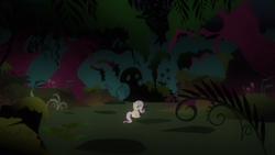 Size: 2880x1620 | Tagged: safe, screencap, fluttershy, pegasus, pony, a bird in the hoof, everfree forest, female, forest, mare, solo
