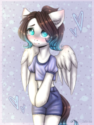 Size: 1500x2000 | Tagged: safe, artist:zefirka, oc, oc:ice energy, pegasus, pony, bipedal, blushing, clothes, ear fluff, femboy, male, ponytail, solo, ych result