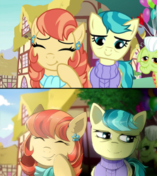 Size: 1000x1125 | Tagged: safe, artist:skyeypony, screencap, aunt holiday, auntie lofty, granny smith, earth pony, pegasus, pony, the last crusade, anime style, eyes closed, female, mare, scene interpretation, smiling