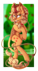 Size: 1080x2000 | Tagged: safe, artist:mintkly, applejack, kirin, apple, apple tree, applejack's hat, applekirin, bipedal, blurry background, cowboy hat, cutie mark, female, fence, grin, hat, kirin-ified, lasso, looking at you, mouth hold, out of frame, rearing, rope, smiling, solo, species swap, tree