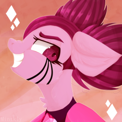 Size: 2000x2000 | Tagged: safe, artist:mintkly, pony, abstract background, bust, cheek fluff, ear fluff, evil grin, female, gem, grin, heart eyes, high res, mare, neck fluff, nose wrinkle, ponified, portrait, profile, smiling, solo, spinel (steven universe), spoiler for another series, steven universe, steven universe: the movie, wingding eyes